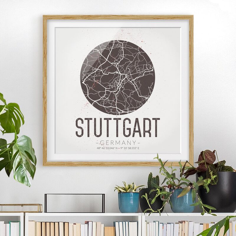 

Póster enmarcado - Stuttgart City Map - Retro Dimensión LxA: 50cm x 50cm, Marco: Roble
