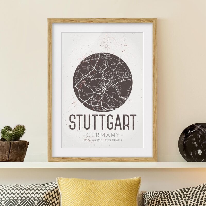 

Póster enmarcado - Stuttgart City Map - Retro Dimensión LxA: 100cm x 70cm, Marco: Roble