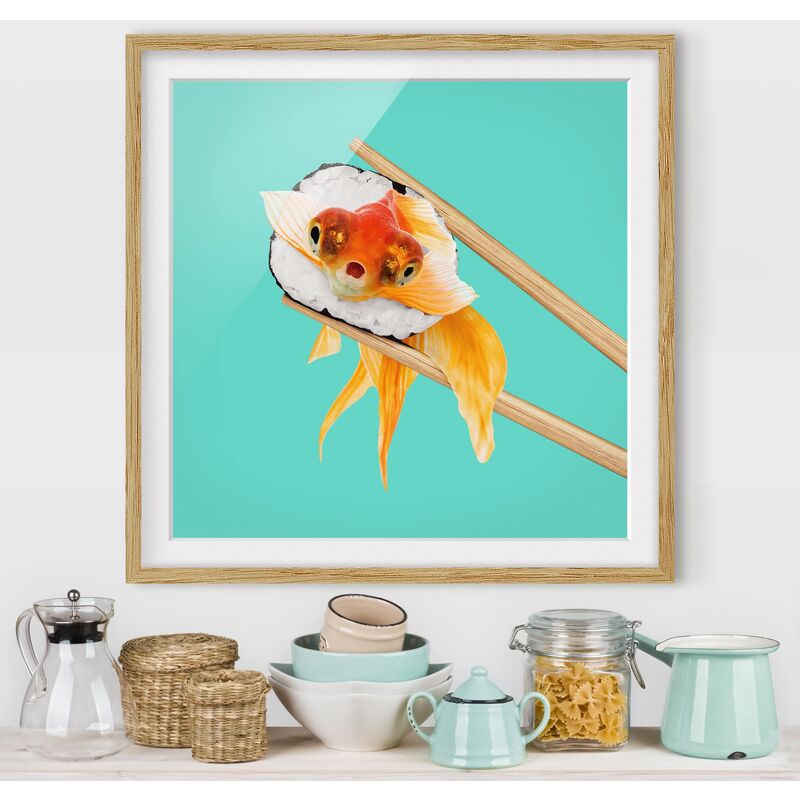 

Póster enmarcado - Sushi con Goldfish Dimensión LxA: 30cm x 30cm, Marco: Roble