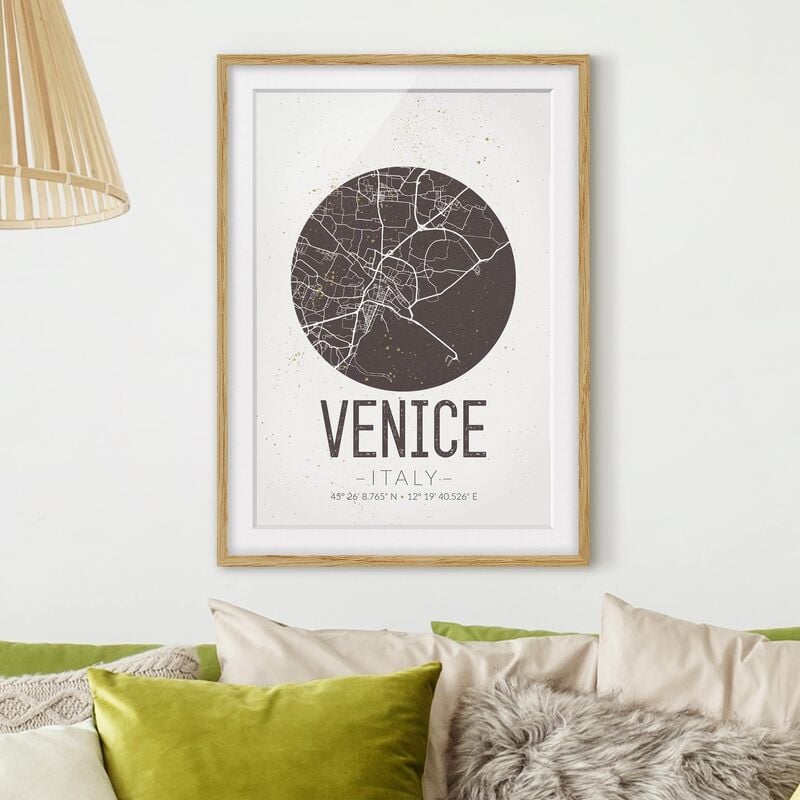 

Póster enmarcado - Venice City Map - Retro Dimensión LxA: 55cm x 40cm, Marco: Roble
