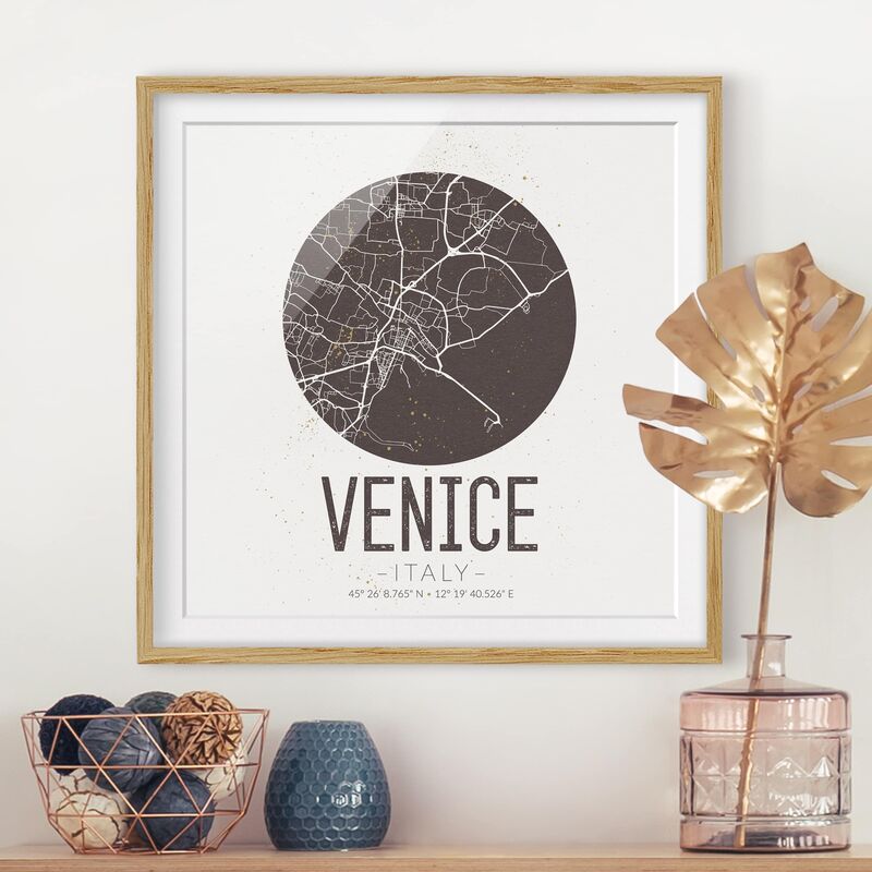 

Póster enmarcado - Venice City Map - Retro Dimensión LxA: 50cm x 50cm, Marco: Roble