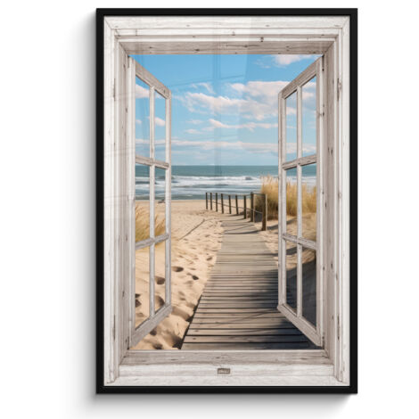 PÓSTER ENMARCADO Ventana - Mar - Costa - Naturaleza - vista - Playa - Mar de Wadden Pared Decoracion Grande 80x120