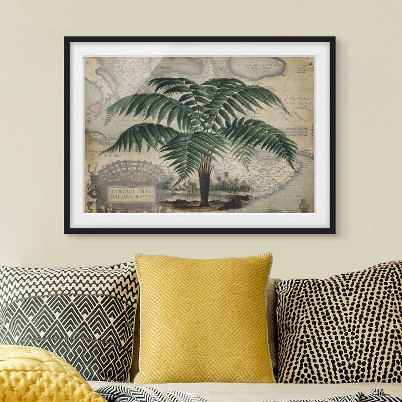 

Póster enmarcado - Vintage Collage - Palm e mappa del mondo Dimensión LxA: 18cm x 24cm, Marco: Negro