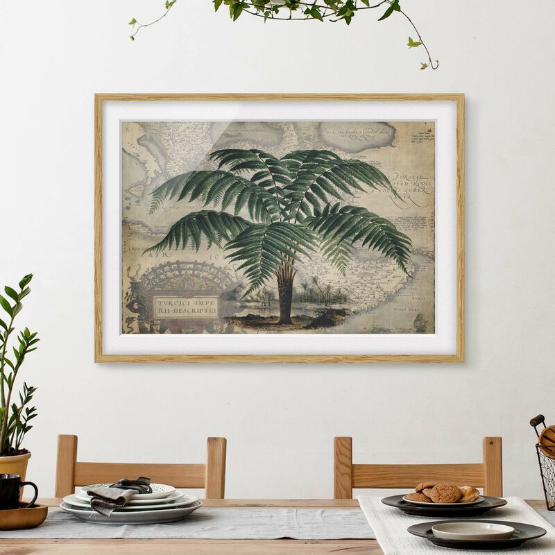 

Póster enmarcado - Vintage Collage - Palm e mappa del mondo Dimensión LxA: 40cm x 55cm, Marco: Roble