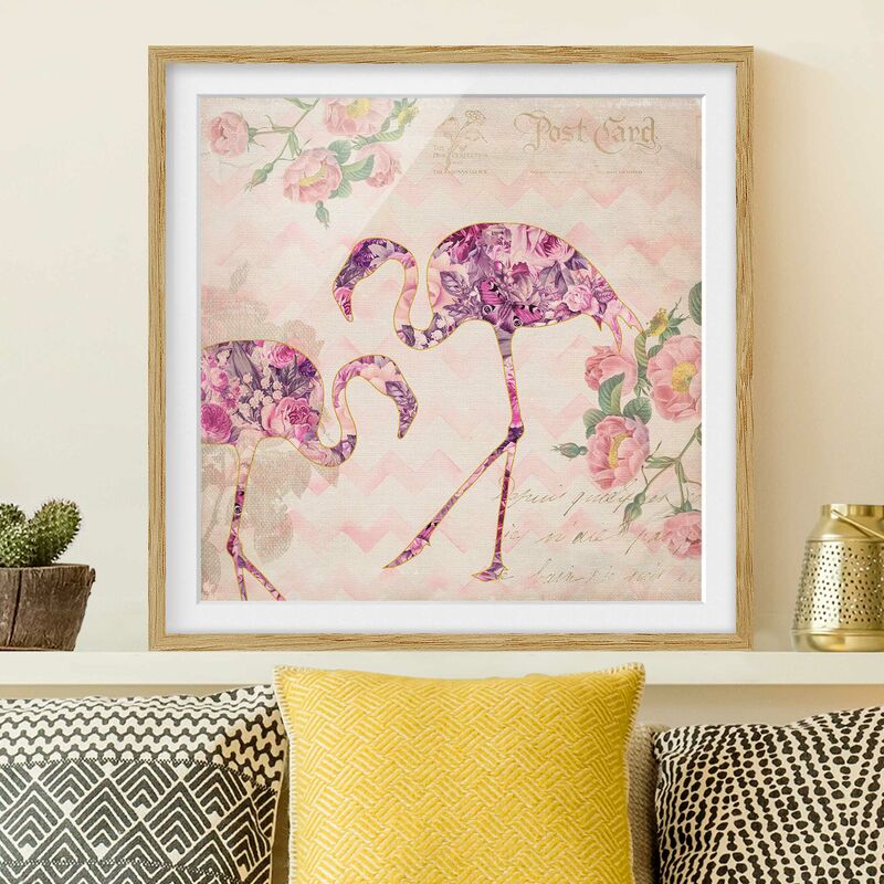 

Póster enmarcado - Vintage Collage - Fenicotteri rosa Fiori Dimensión LxA: 50cm x 50cm, Marco: Roble