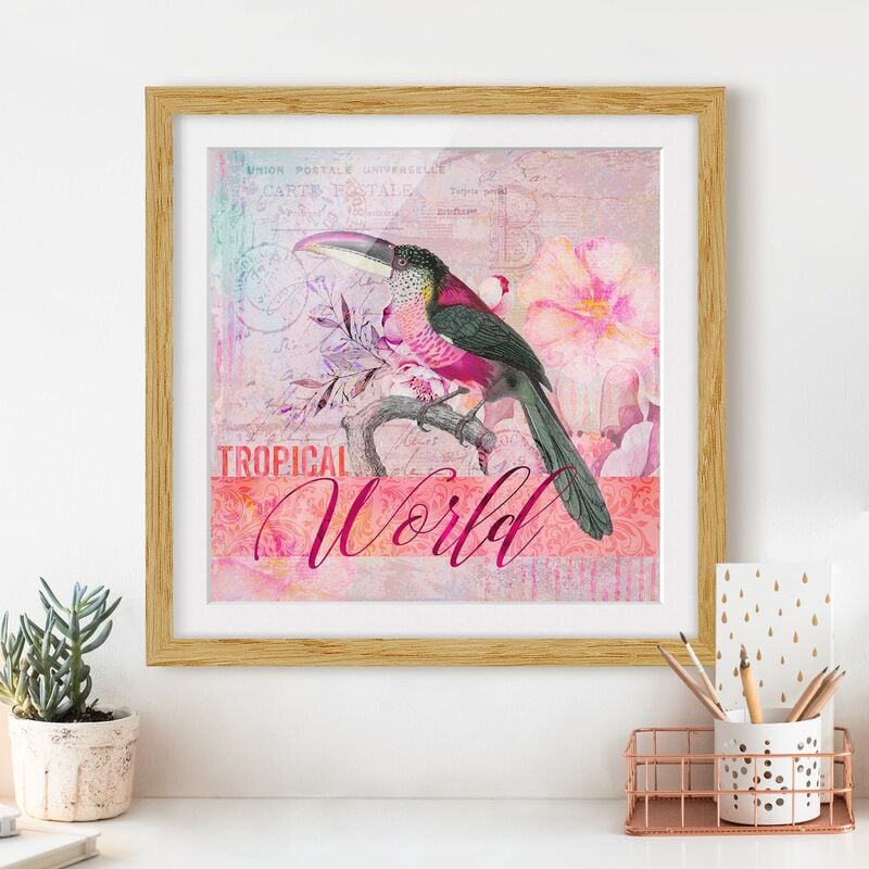 

Póster enmarcado - Vintage Collage - Tropical World Tucan Dimensión LxA: 30cm x 30cm, Marco: Roble