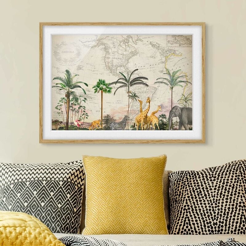 

Póster enmarcado - Vintage Collage - Wildlife sulla mappa del mondo Dimensión LxA: 40cm x 55cm, Marco: Roble