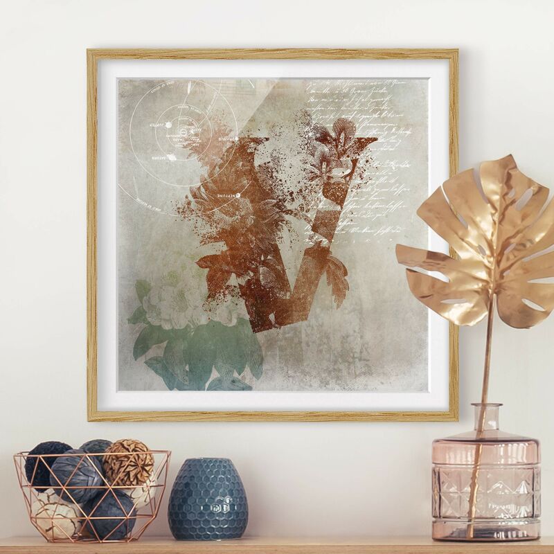 

Póster enmarcado - Vintage oro Alfabeto Lettera V Dimensión LxA: 20cm x 20cm, Marco: Roble