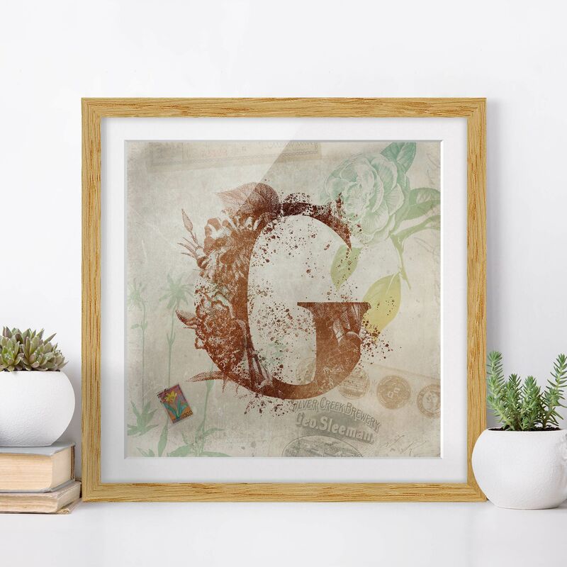 

Póster enmarcado - Vintage oro Alfabeto Lettera G Dimensión LxA: 20cm x 20cm, Marco: Roble