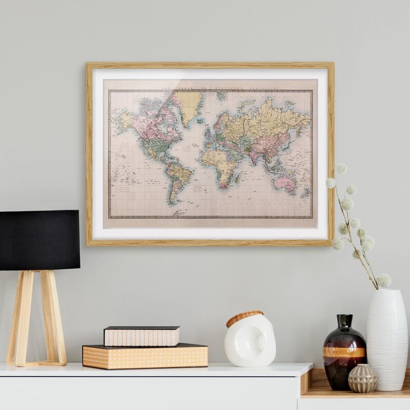 

Póster enmarcado - Vintage World Map 1850 Dimensión LxA: 18cm x 24cm, Marco: Roble