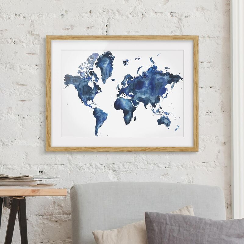 

Póster enmarcado - Water World Map Light Dimensión LxA: 70cm x 100cm, Marco: Roble
