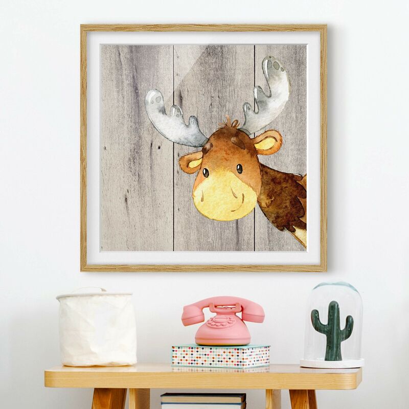 

Póster enmarcado - Acquerello Deer su legno Dimensión LxA: 30cm x 30cm, Marco: Roble