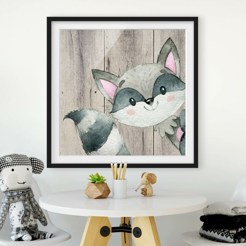 

Póster enmarcado - Acquerello Raccoon su legno Dimensión LxA: 50cm x 50cm, Marco: Negro