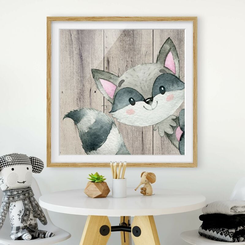 

Póster enmarcado - Acquerello Raccoon su legno Dimensión LxA: 70cm x 70cm, Marco: Roble