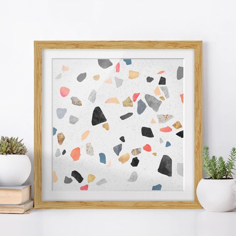 

Póster enmarcado - Bianco Terrazzo con pietre d'oro Dimensión LxA: 70cm x 70cm, Marco: Roble