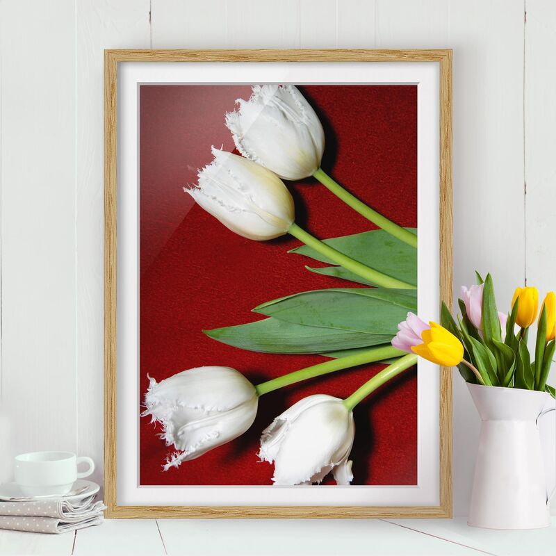 

Póster enmarcado - White Tulips In Feathers Dimensión LxA: 24cm x 18cm, Marco: Roble