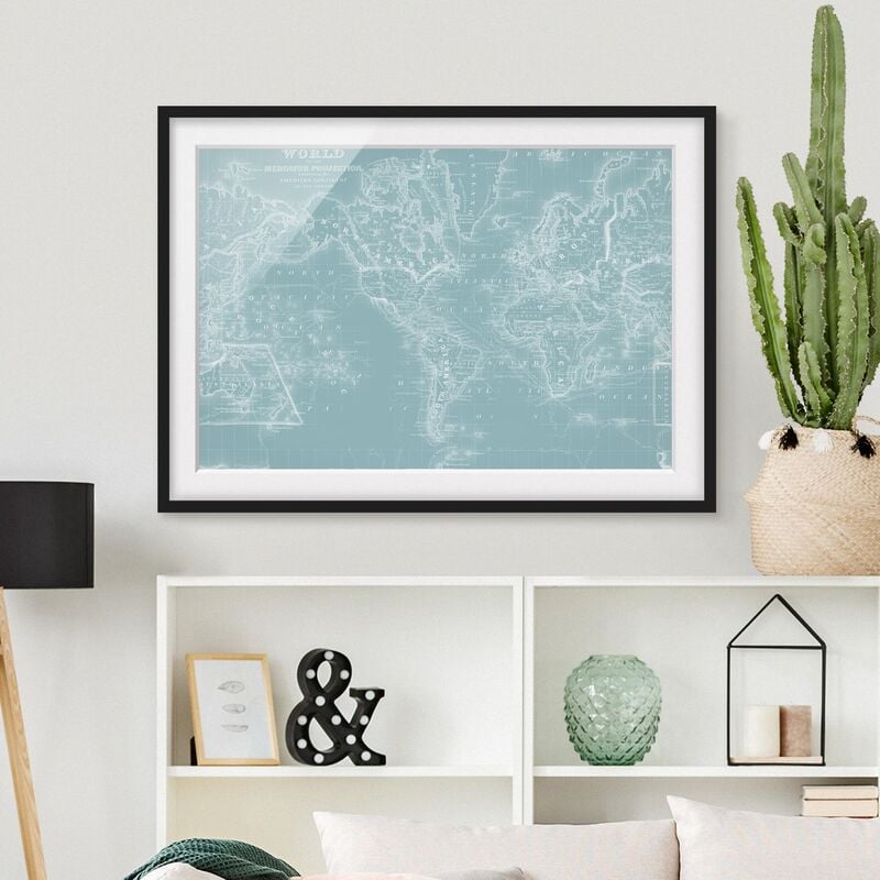 

Póster enmarcado - World Map In Ice Blue Dimensión LxA: 18cm x 24cm, Marco: Negro
