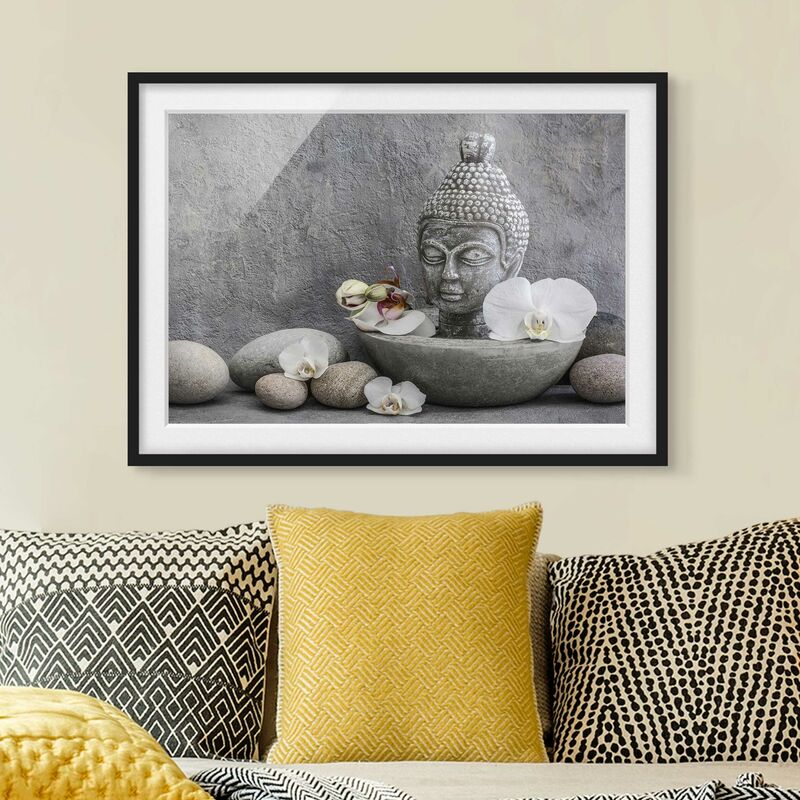 

Póster enmarcado - Zen Buddha, orchidee e pietre Dimensión LxA: 70cm x 100cm, Marco: Negro