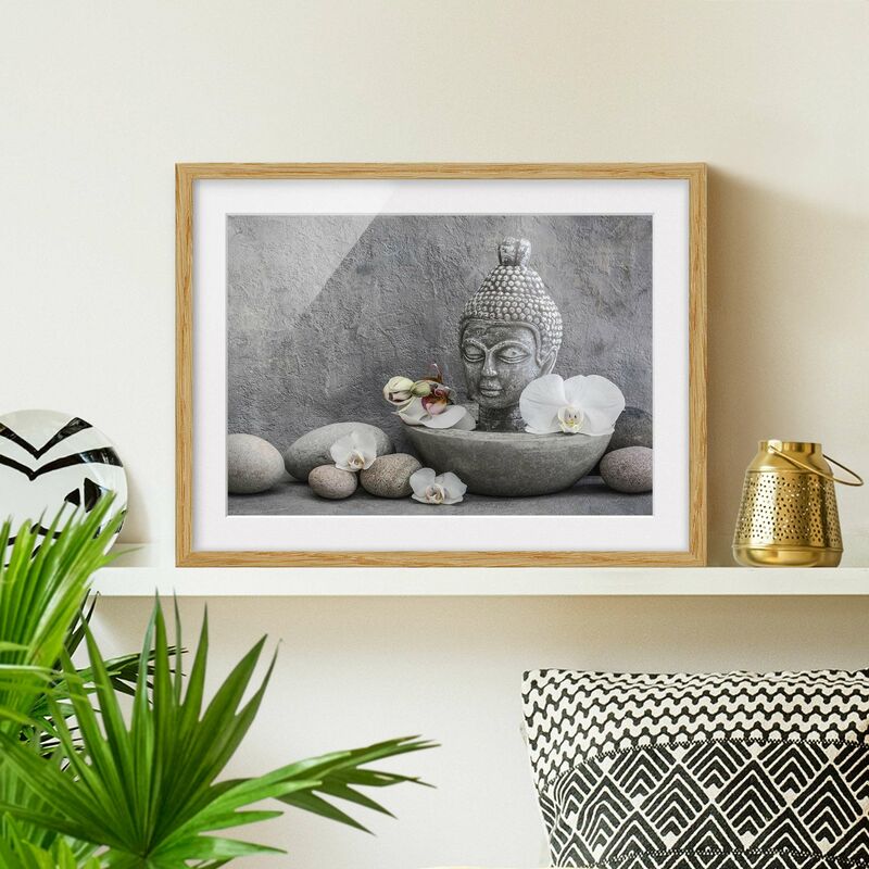 

Póster enmarcado - Zen Buddha, orchidee e pietre Dimensión LxA: 18cm x 24cm, Marco: Roble