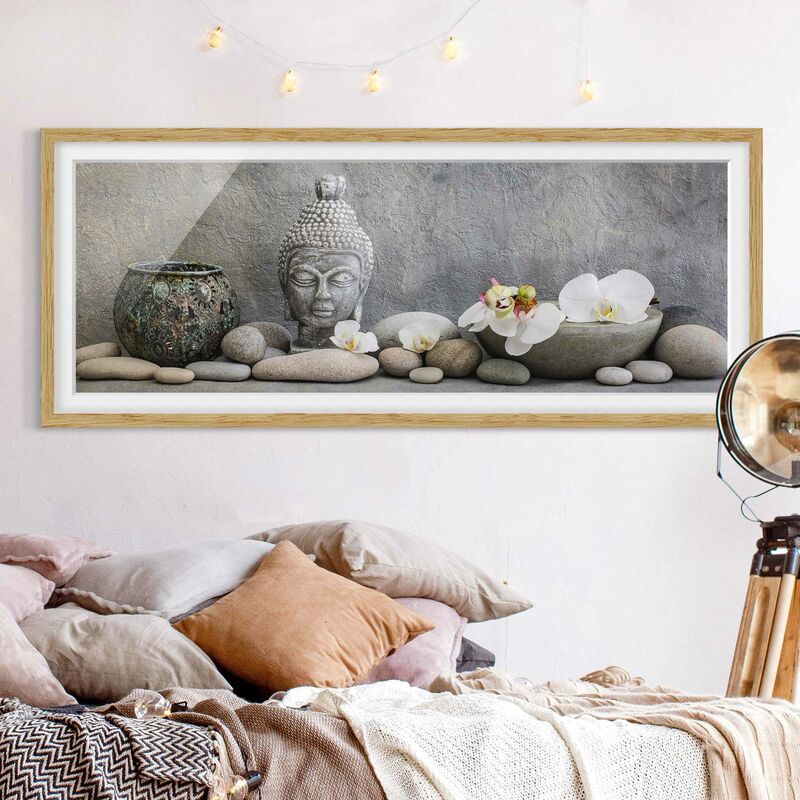 

Póster enmarcado - Zen Buddha con orchidee bianche Dimensión LxA: 50cm x 130cm, Marco: Roble