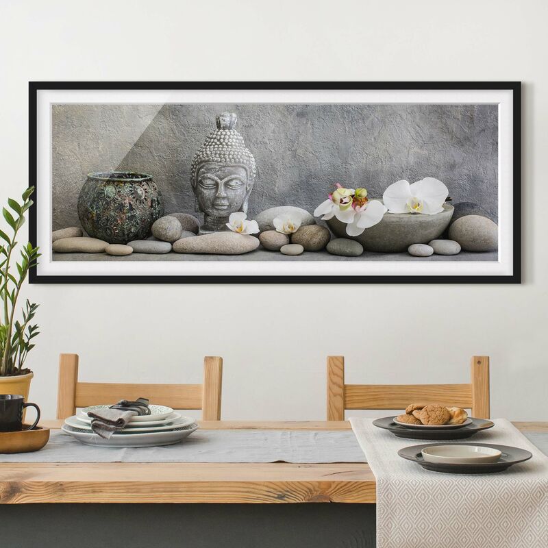 

Póster enmarcado - Zen Buddha con orchidee bianche Dimensión LxA: 50cm x 130cm, Marco: Negro