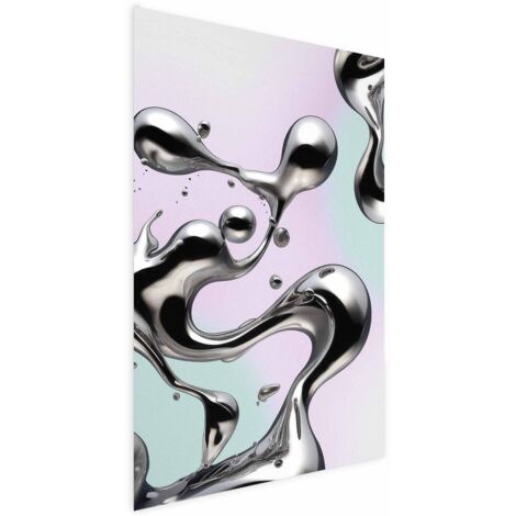 Poster - Fluidità metalliche - forme astratte argentate su sfondo viola menta