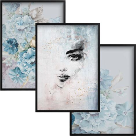 Poster fürs Wohnzimmer Schlafzimmer Bilder im schwarzen Rahmen Set Blaue Blumen