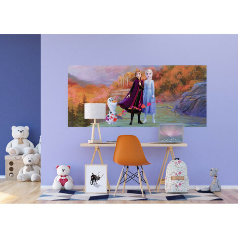 Poster géant Intissé - Disney La Reine des Neiges 2 - modèle Anna Elsa et Olaf dans la forêt 202 cm x 90 cm - Multicolor