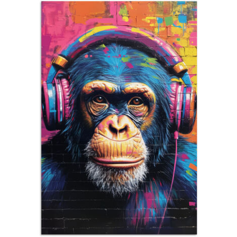 PÓSTER Graffiti - Chimpancé - Arte callejero - Auriculares - Mono Pared Decoracion 20x30