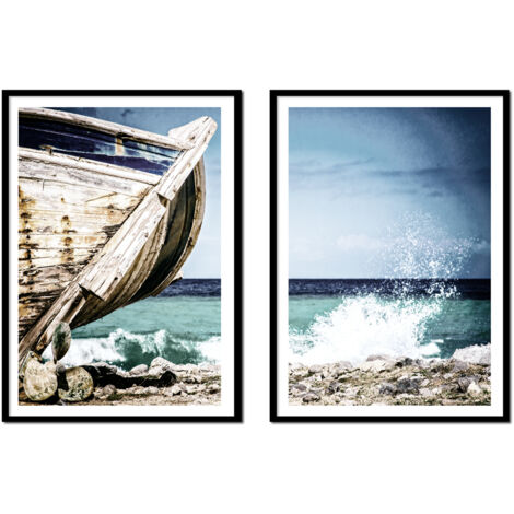 POSTER IMMAGINI IN CORNICE 53x73cm Dittico Set di 2 dipinti Barca Mare P2144