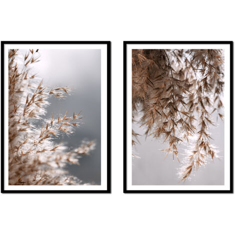 POSTER IMMAGINI IN CORNICE 53x73cm Dittico Set di 2 dipinti Erba Beige Boho P2137