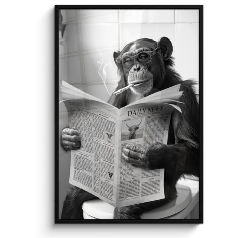 POSTER INCORNICIATO Scimmia - WC - Giornale - Bianco e nero - Umorismo 80x120 cm