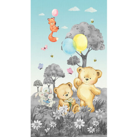 Poster intissé - animaux de la foret en noir et blanc - ourson, lapin, renard - 150 x 270 cm