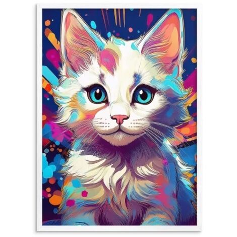 Póster juvenil moderno con decoración de gato en marco blanco estilo pop art.