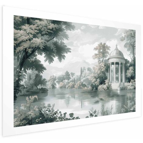 Poster - Paesaggio con parco e lago in tonalità verdi retrò