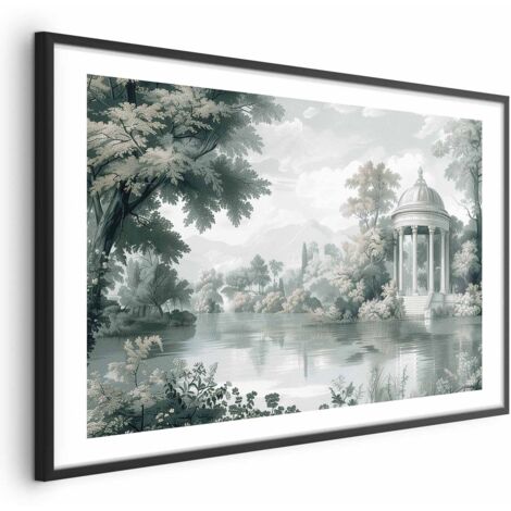 Poster - Paesaggio con parco e lago in tonalità verdi retrò