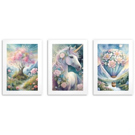 Poster pastello da parete per la cameretta dei bambini Unicorn Tree 3x 30x40