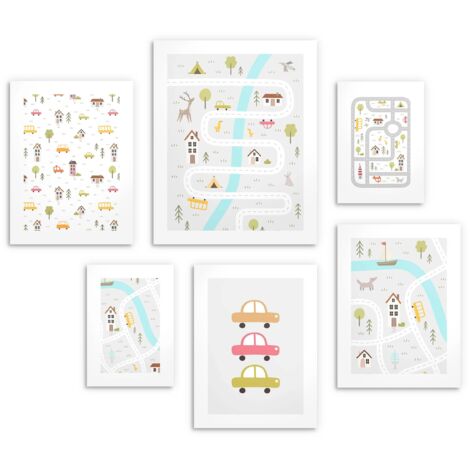 Poster per bambini 6 pezzi Set City Cars Street Picture Gallery 100x100