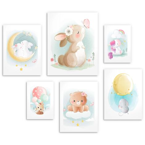 Poster per bambini Animali pastello Immagini per la cameretta dei bambini 6 pezzi 100x100