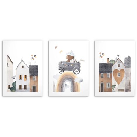 Poster per bambini Decorazione murale Città Orsacchiotto Auto 3x 30x40
