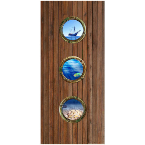 Poster porte 3 hublots marins sur fond bois  90 x 202 cm, 1 lé