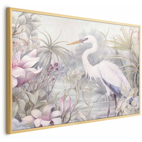 Poster – Reiher watet in einem Teich – farbenfrohe Illustration