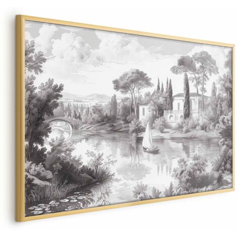 Poster – Schwarz-weiße Vintage-Landschaft mit Teich