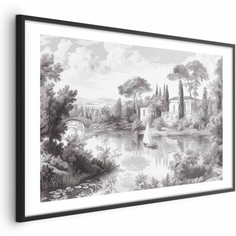 Poster – Schwarz-weiße Vintage-Landschaft mit Teich