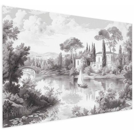 Poster – Schwarz-weiße Vintage-Landschaft mit Teich