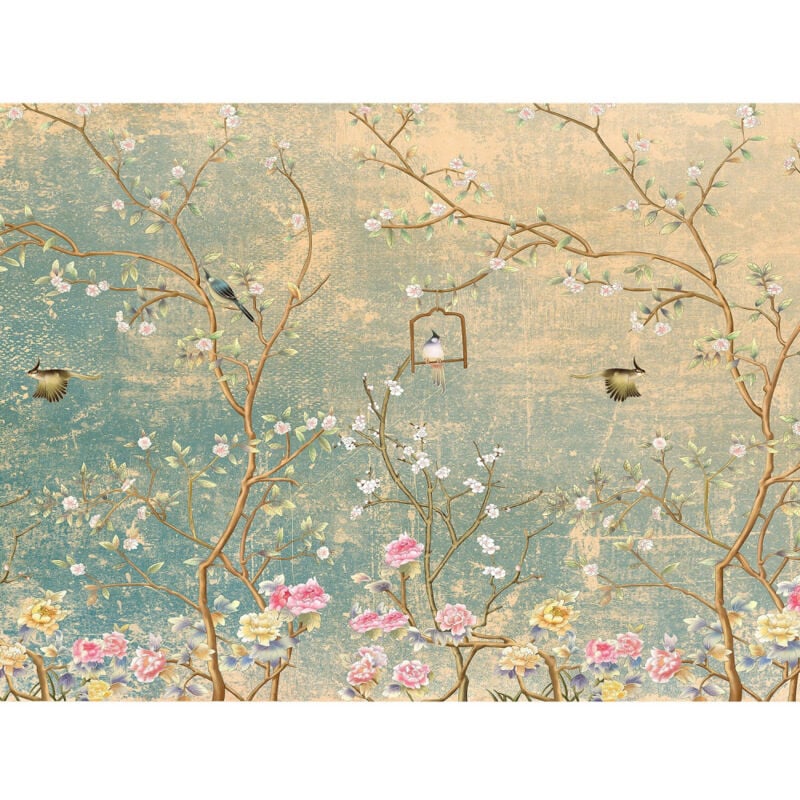 Ag Art - Poster intissé Thème Vintage Garden oiseaux et fleurs roses - 360 x 270 cm