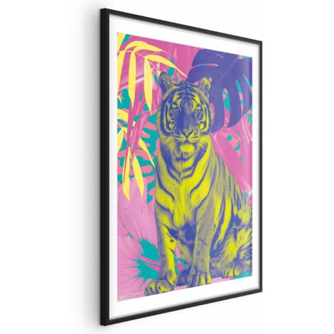 Póster - Tigre colorido - Colores intensos de un tigre rodeado de plantas tropicales