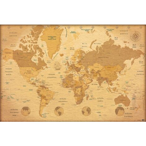 Poster vintage carte du monde 61x91,5 cm – Imprimé sur papier brillant 150 g/m² – Expédié roulé – Grupo Erik