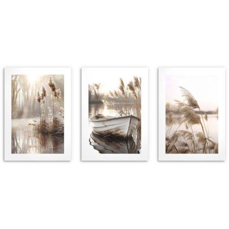 Pósters de pared para sala de estar, boho lake pampas grass 3x 50x70cm