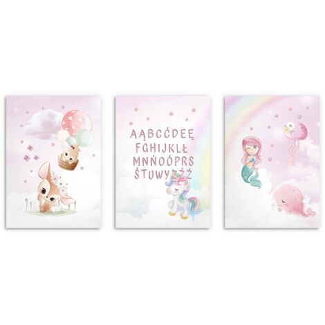 Pósters infantiles Sirena Rosa Imágenes para habitación infantil con el abecedario 50x70